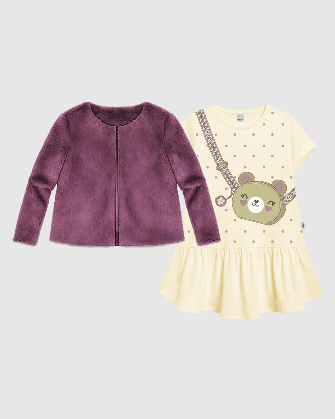 Conjunto Infantil Menina Casaco Pelúcia e Vestido Estampa Ursinho Malwee Kids