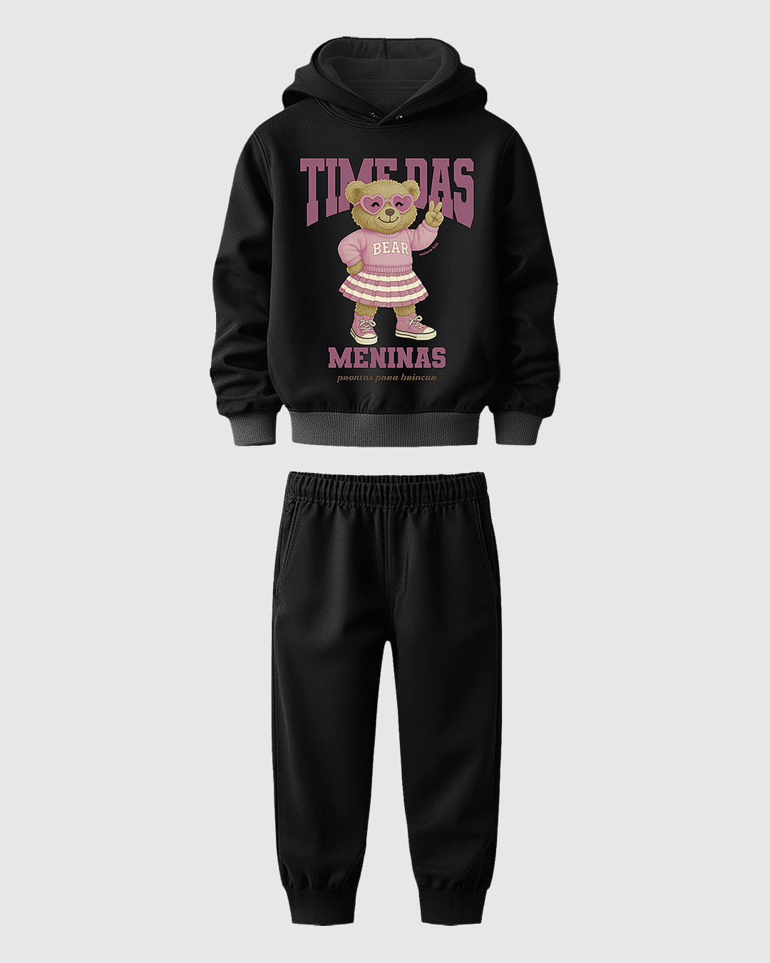 Conjunto Infantil Menina Blusão Capuz Estampa Frontal Em Moletom Malwee Kids - Preto - 1