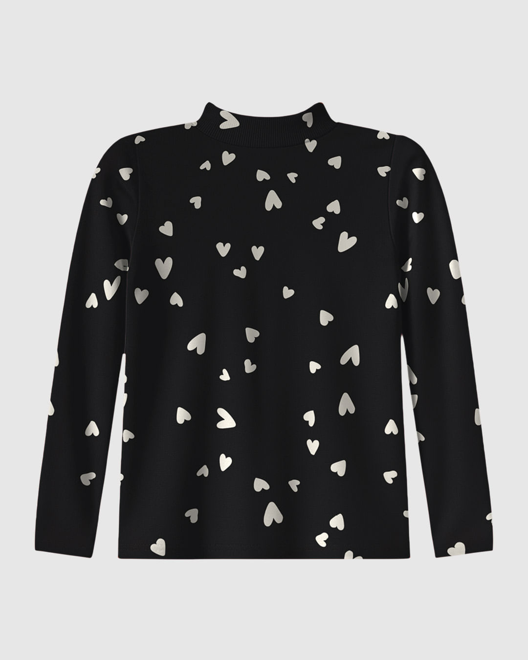 Blusa Infantil Menina Corações Gola Alta Manga Longa Em Ribana Malwee Kids - Preto - 8