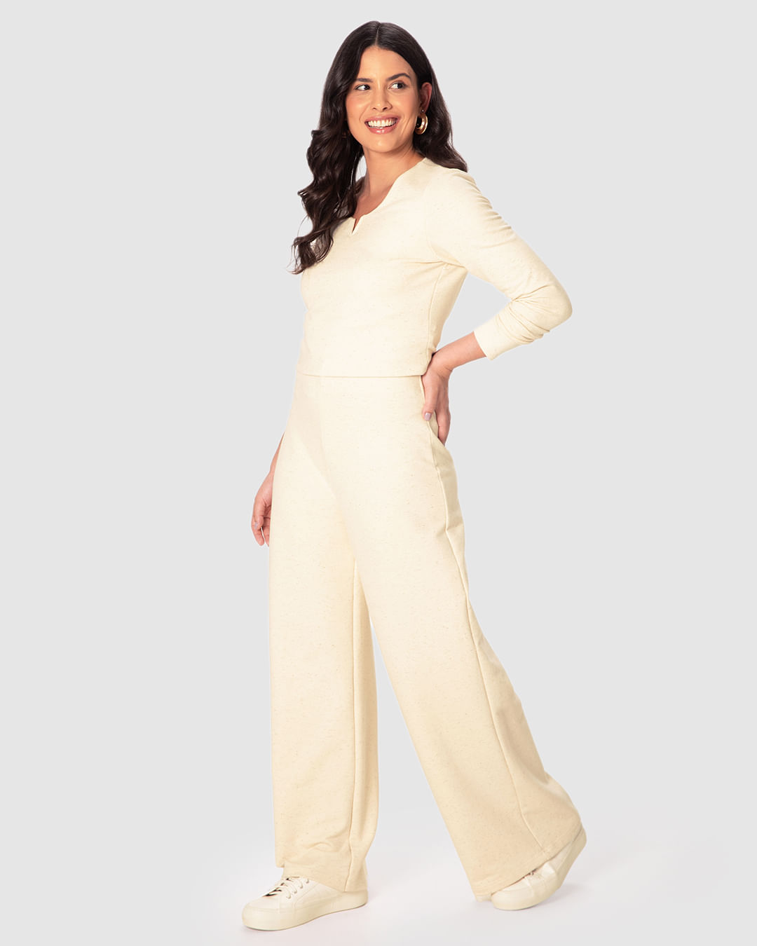 Calça Wide Leg Feminina Em Moletom Linho