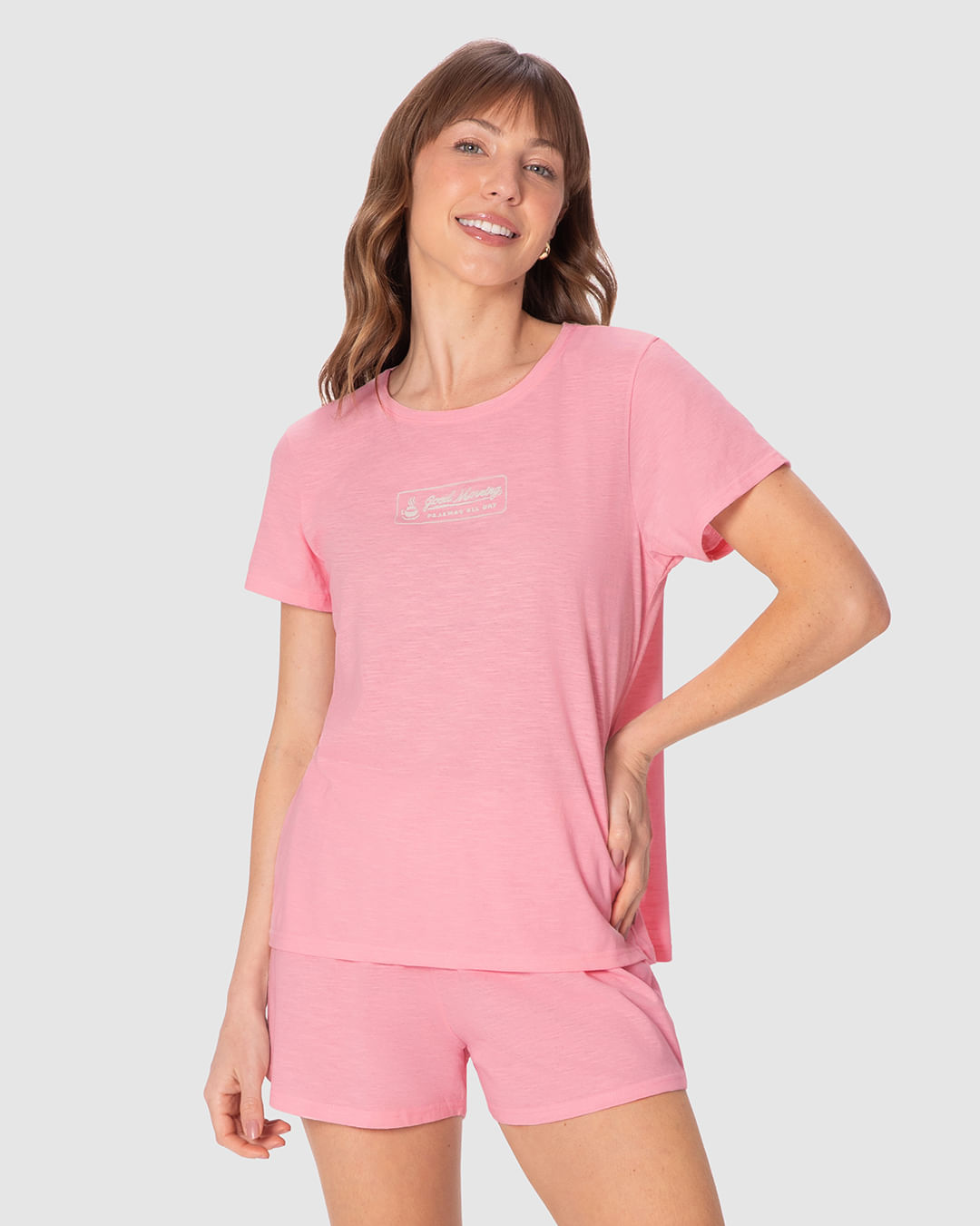 Pijama Curto Feminino Blusa Good Morning Pajamas All Day em Malha Fio a Fio
