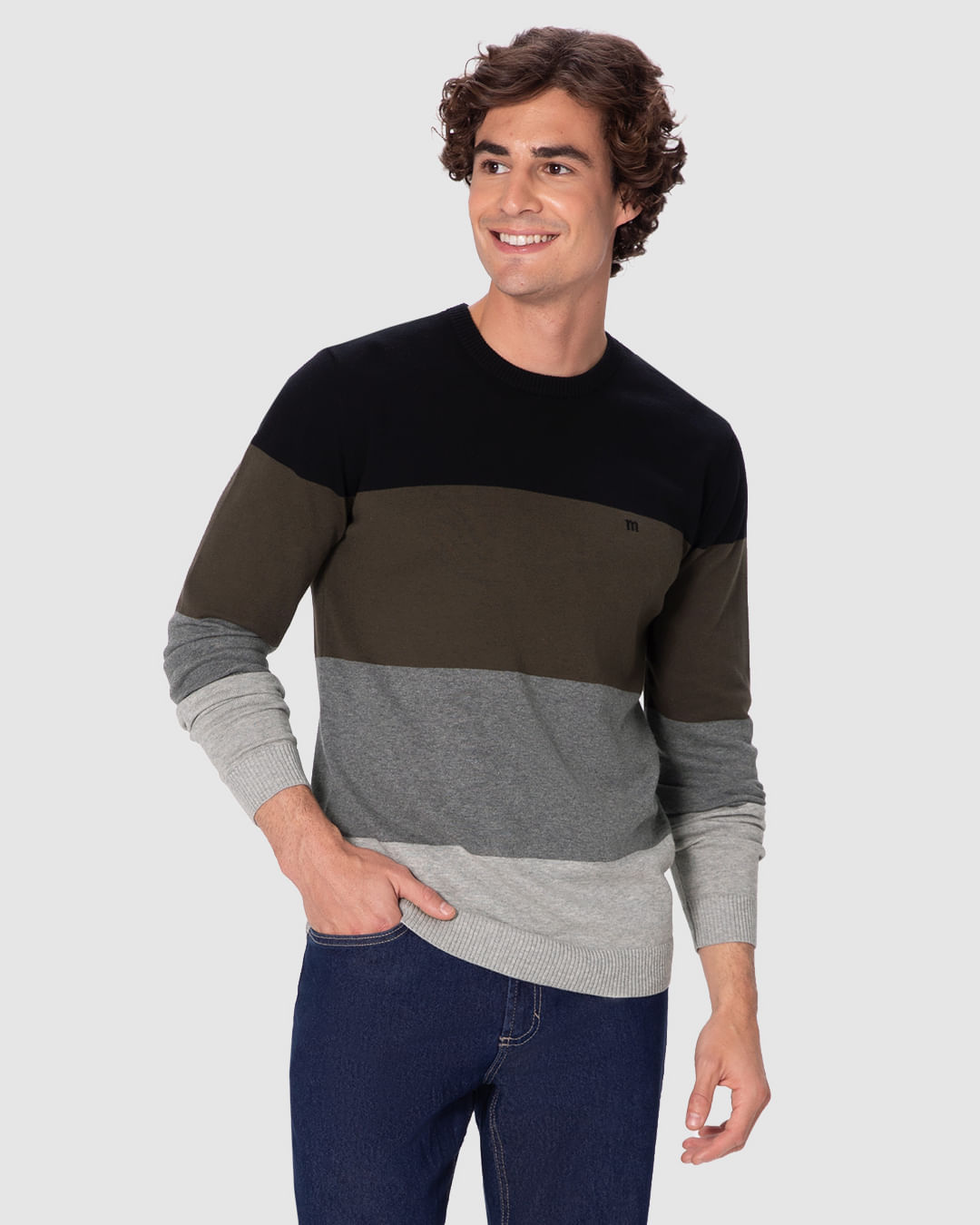 Suéter Masculino Listras Block Color Bordado Peitoral Em Tricô