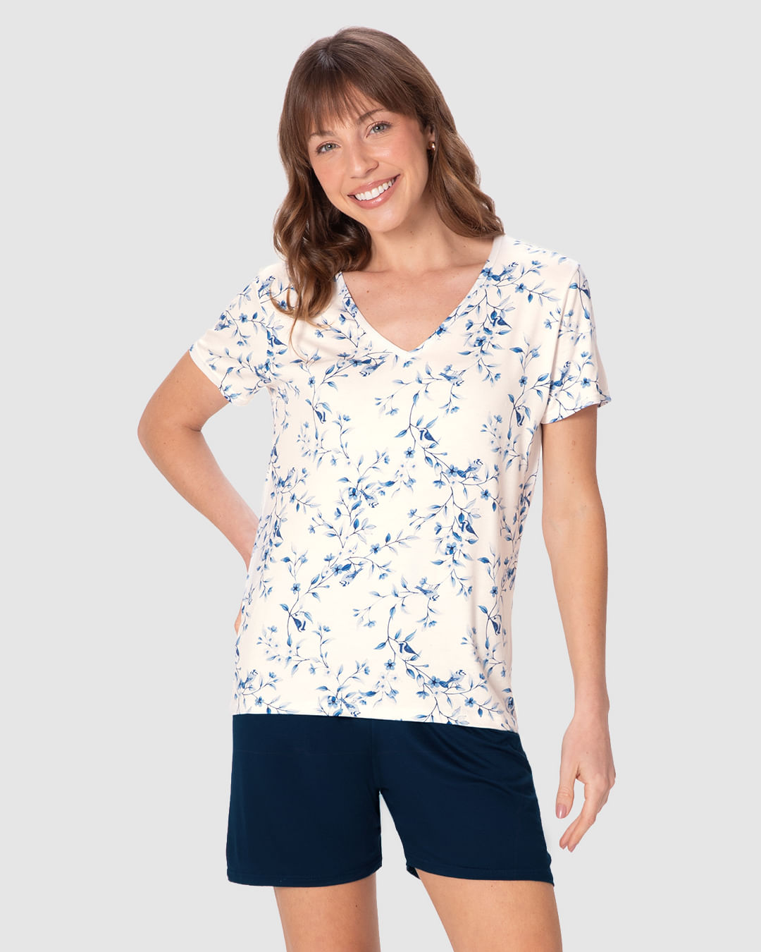 Pijama Curto Feminino Blusa Estampada E Shorts Meia Coxa Em Viscose Stretch