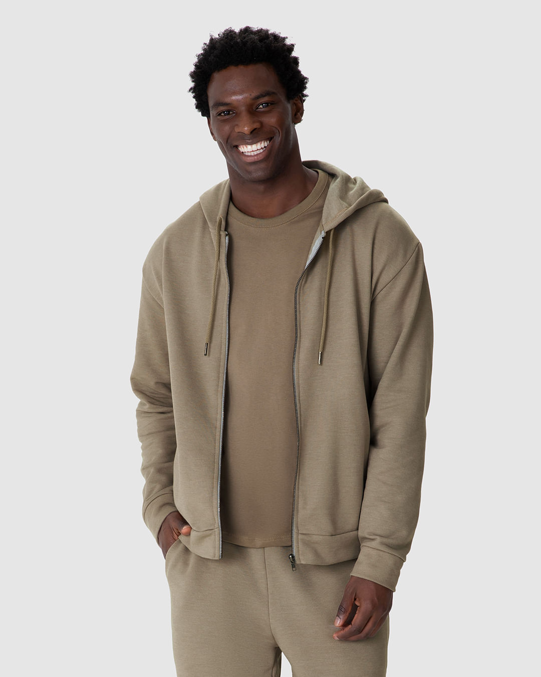 Jaqueta Masculina Regular Capuz com Cadarço em Moletom Mesclado Flanelado