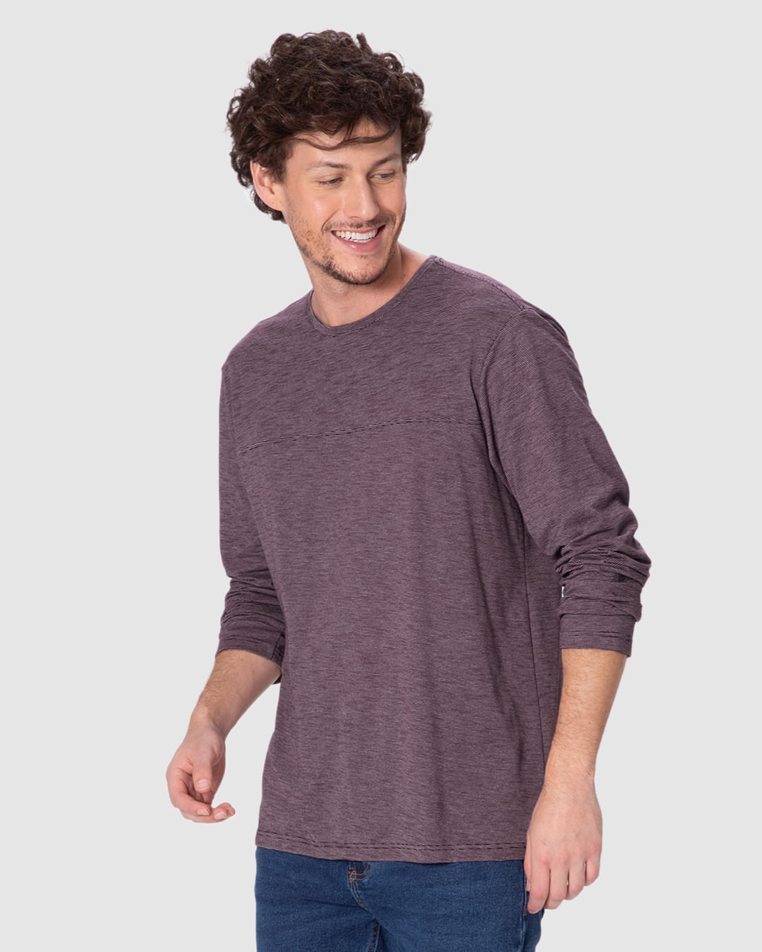 Camiseta Masculina Decote Redondo Manga Longa Em Malha Fio A Fio