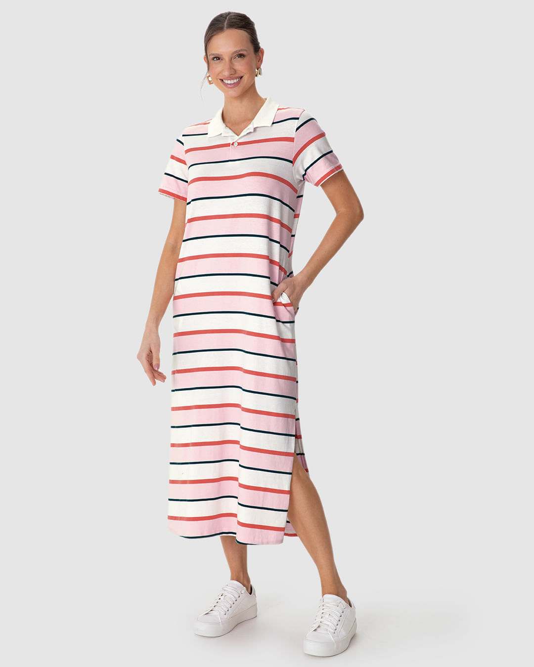 Vestido Polo Midi Feminino Bolso Funcional Fenda Lateral Em Algodão Listrado