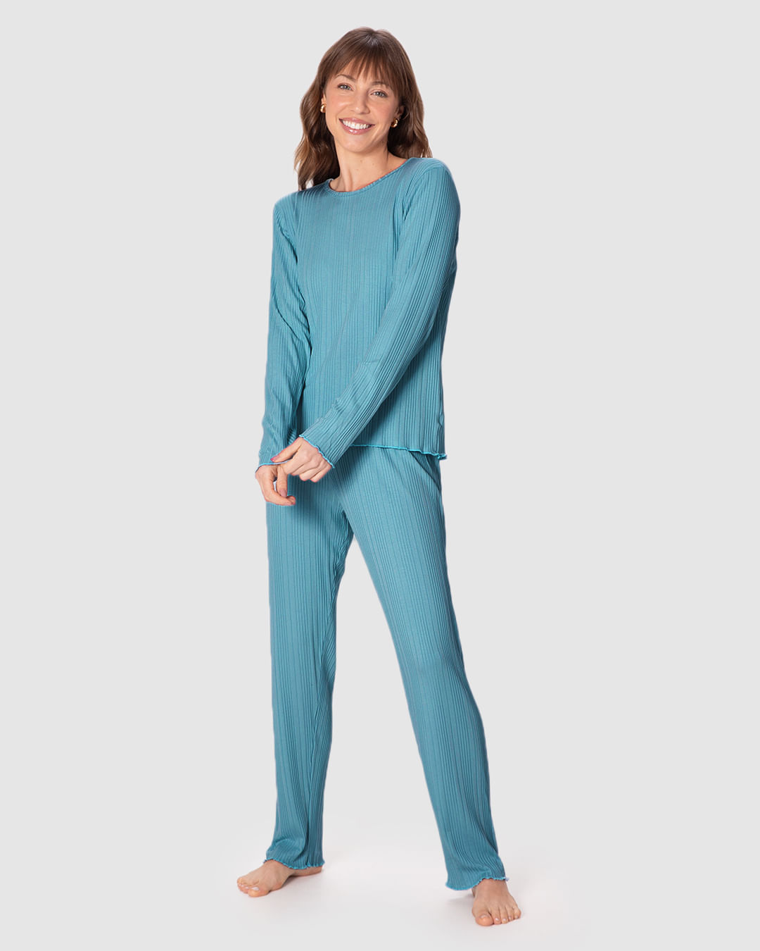 Pijama Longo Feminino Blusa E Calça Reta Em Malha Viscose Canelada