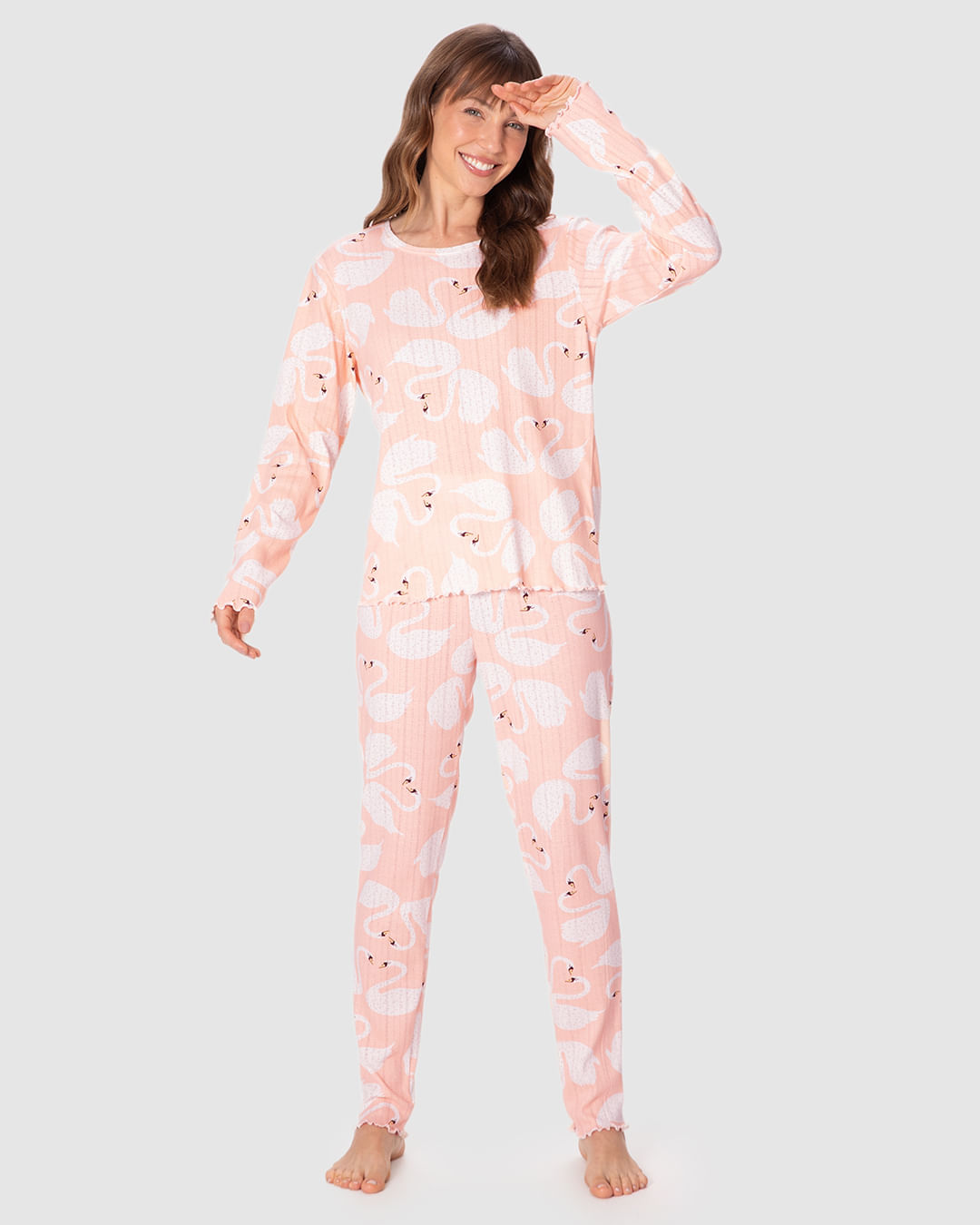 Pijama Longo Feminino Estampado Em Malha Jacquard Texturizada
