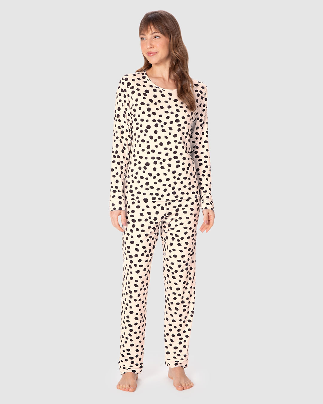 Pijama Longo Feminino Estampa Poá Calça Reta Em Viscose Stretch