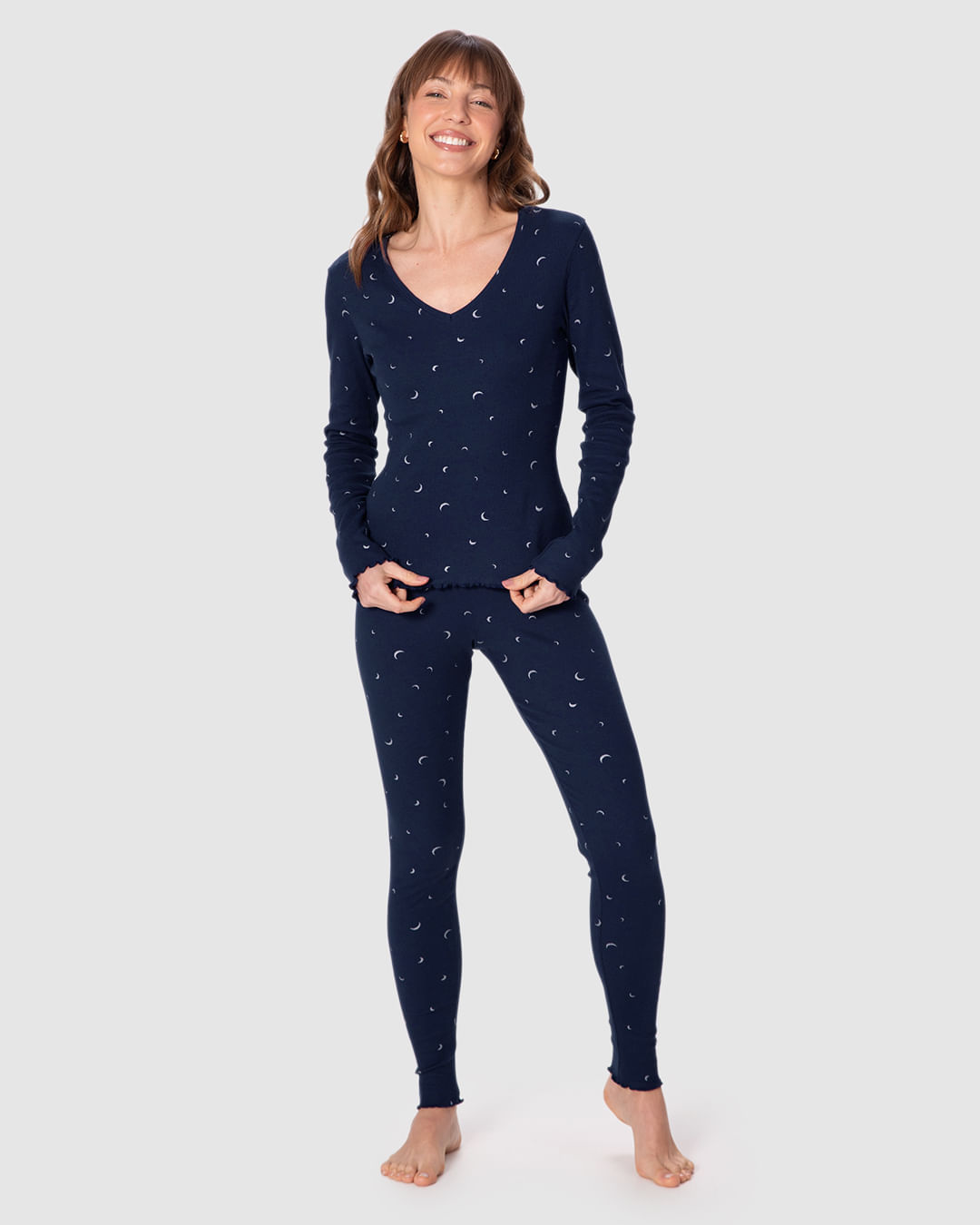 Pijama Longo Feminino Blusa E Calça Legging Estampa Com Glitter Em Ribana