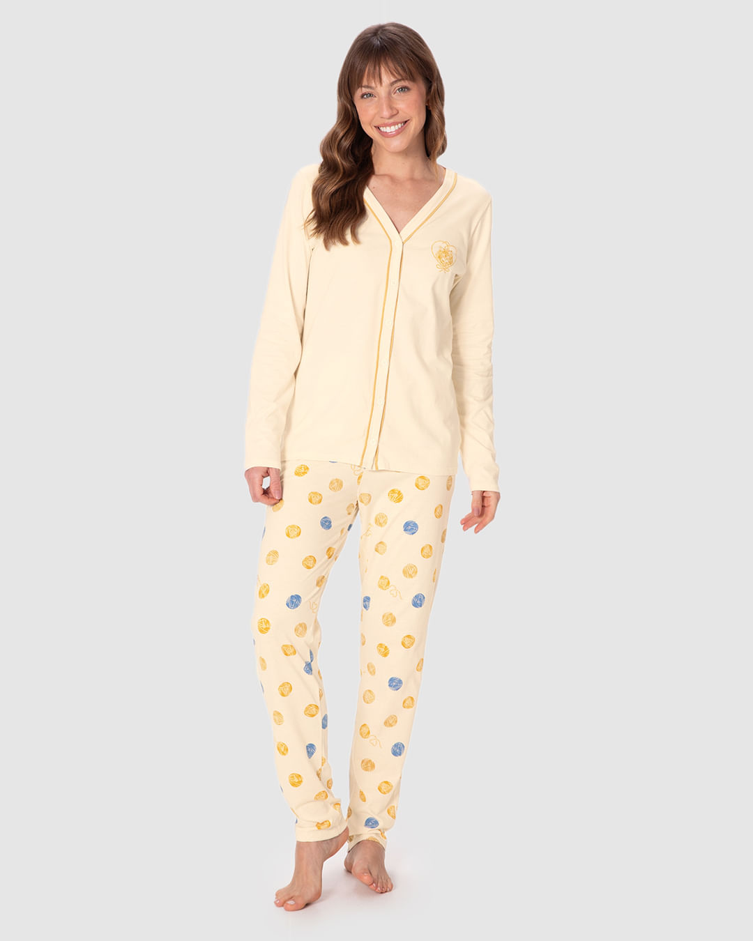 Pijama Longo Feminino Camiseta Abotoamento Frontal Em Malha 100% Algodão