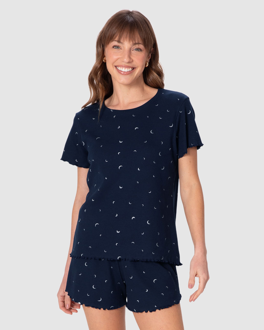 Pijama Curto Feminino Blusa E Shorts Runner Estampa Com Glitter Em Ribana