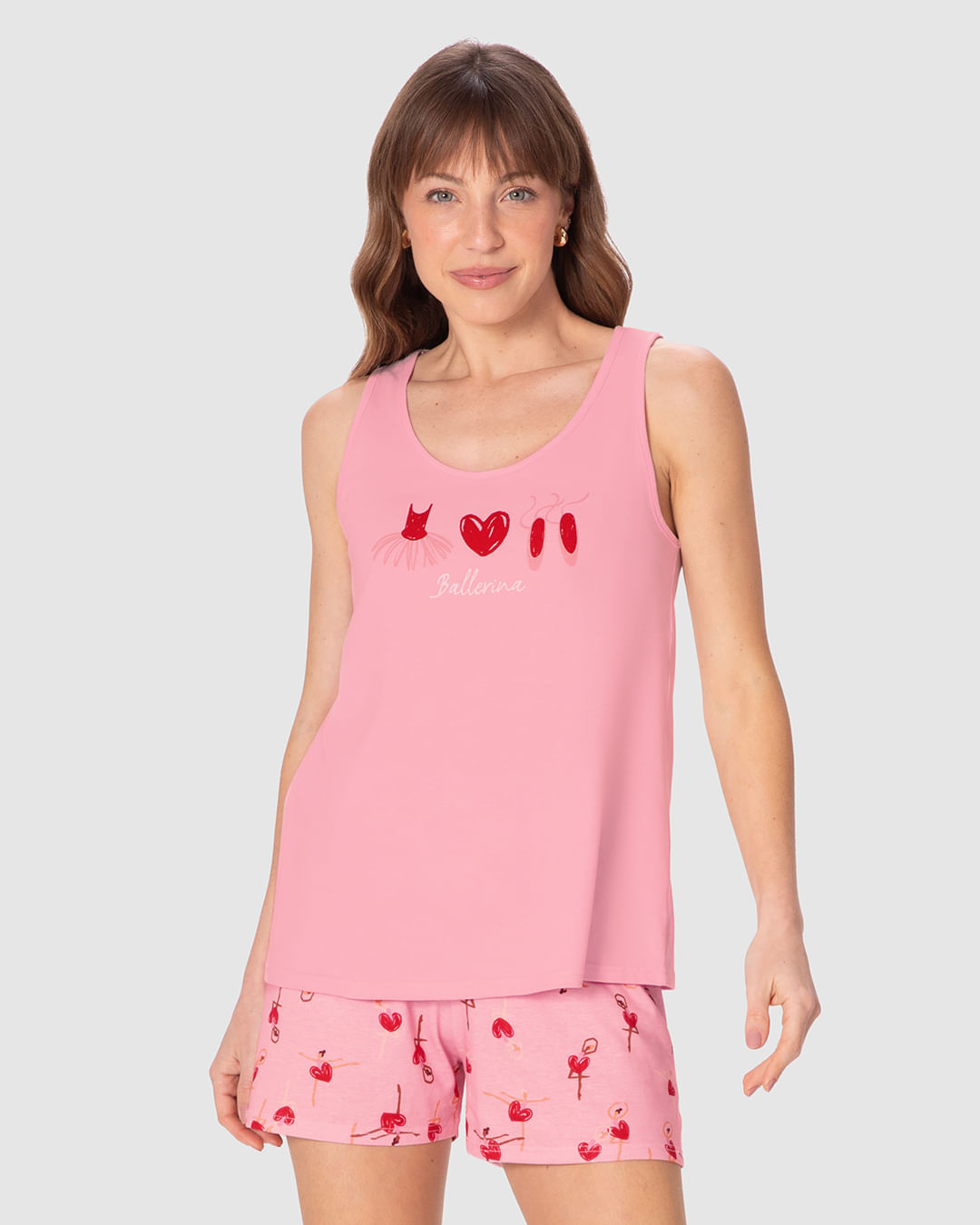Pijama Curto Feminino Regata E Shorts Estampado Em Malha 100% Algodão