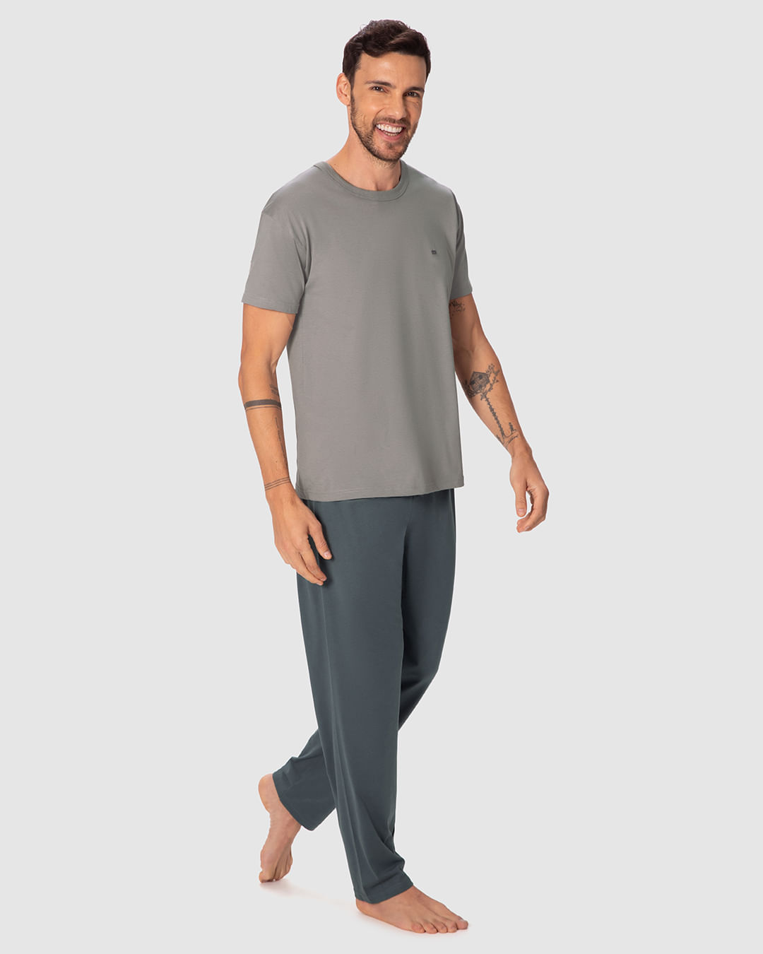 Pijama Longo Masculino Camiseta Manga Curta Em Malha 100% Algodão