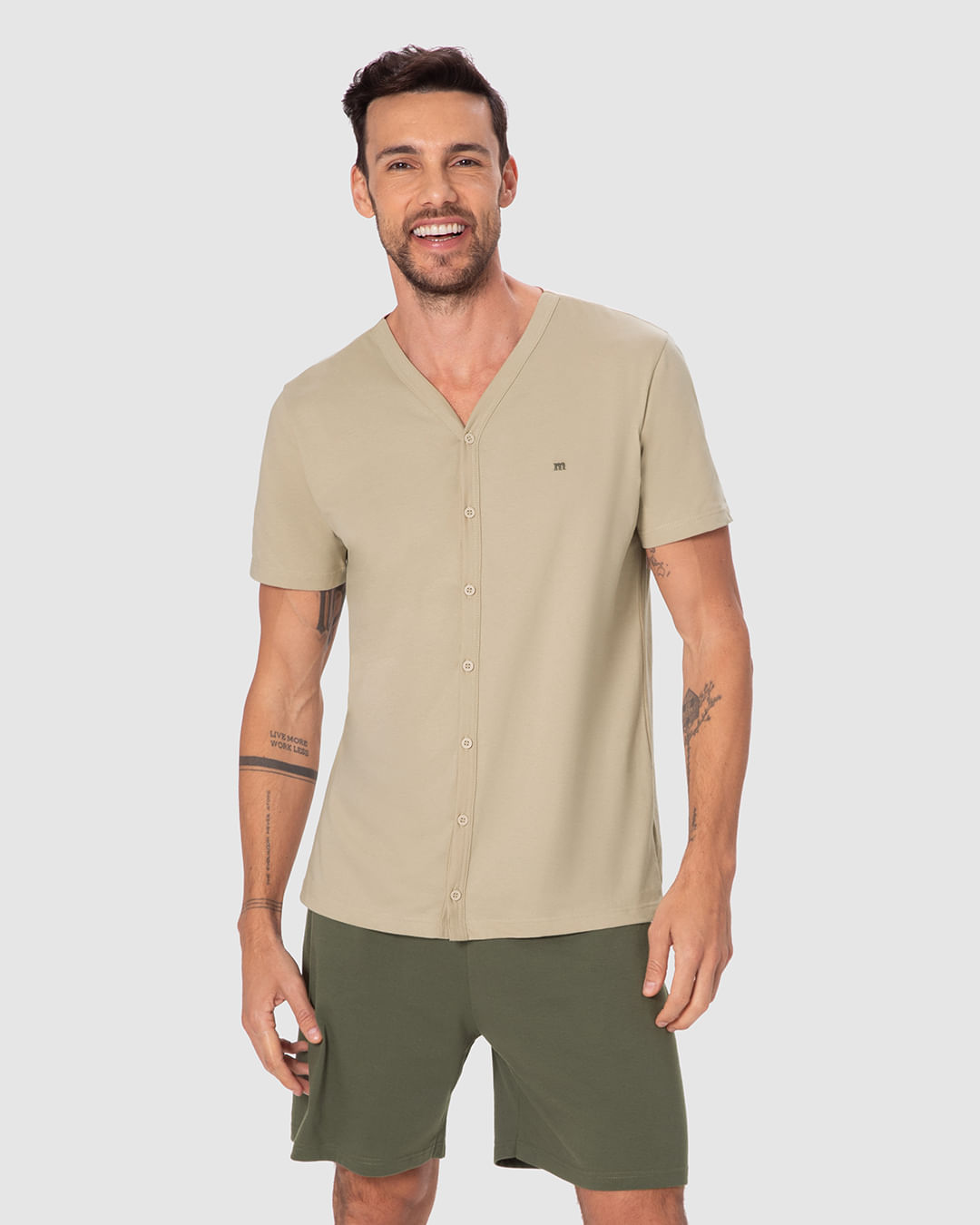 Pijama Curto Masculino Camiseta Abotoamento Frontal Em Malha 100% Algodão