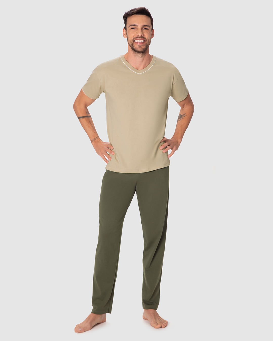 Pijama Longo Masculino Camiseta Decote V E Calça Em Malha 100% Algodão