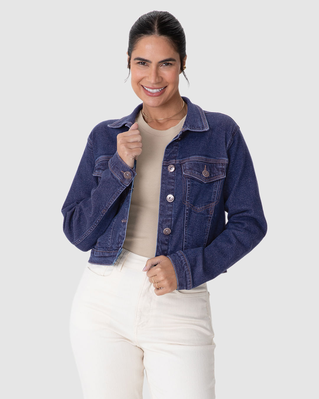 Jaqueta Feminina Tradicional Em Jeans Com Elastano
