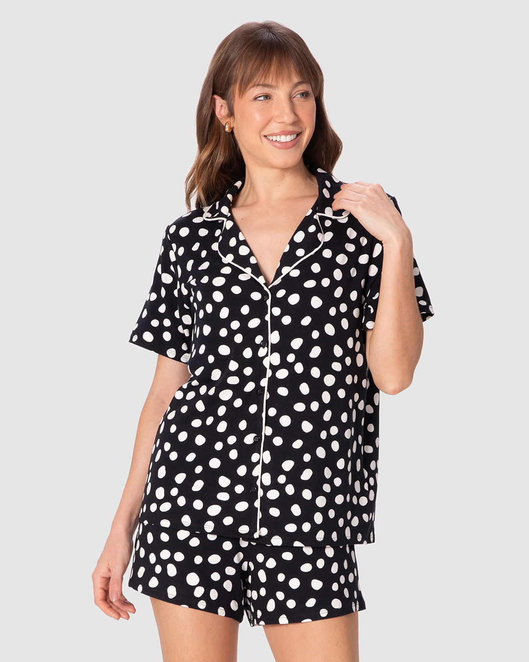 Pijama Curto Feminino Americano Estampa Poá Em Viscose Stretch