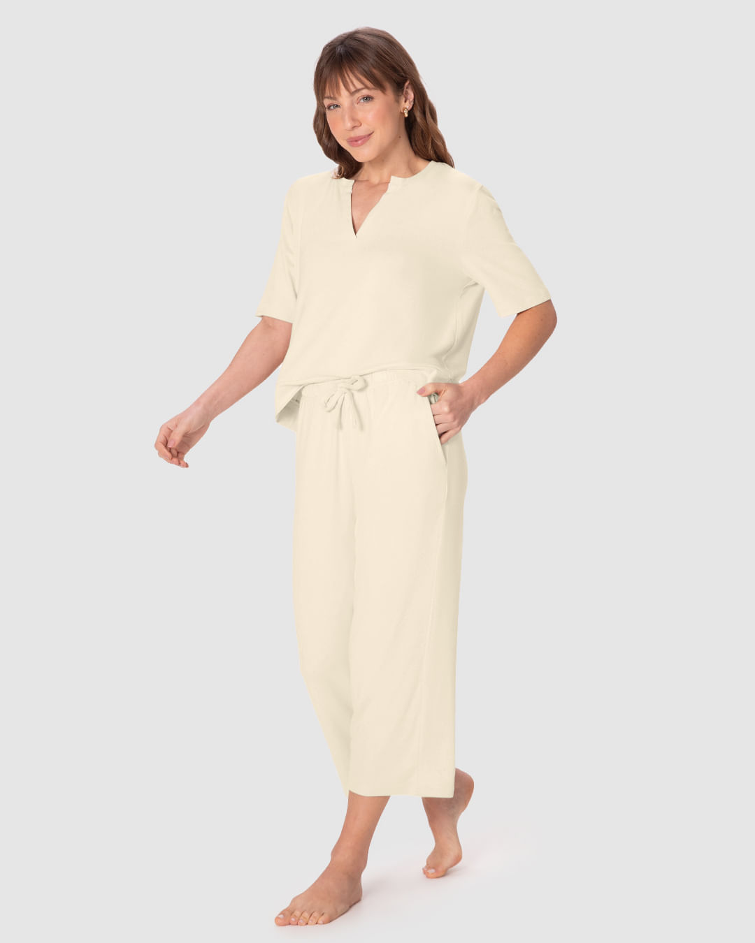 Pijama Longo Feminino Blusa E Calça Capri Bolso Faca Em Tricô