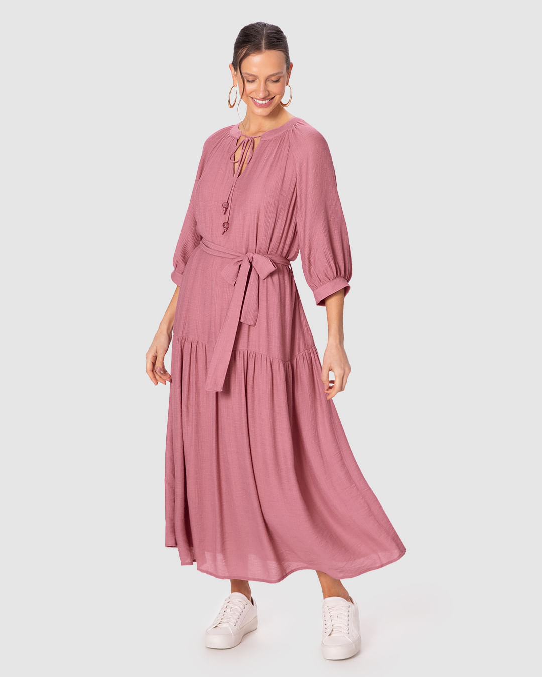 Vestido Midi Feminino Evasê Amarração No Decote E Acompanha Cinto Em Crepe Leve
