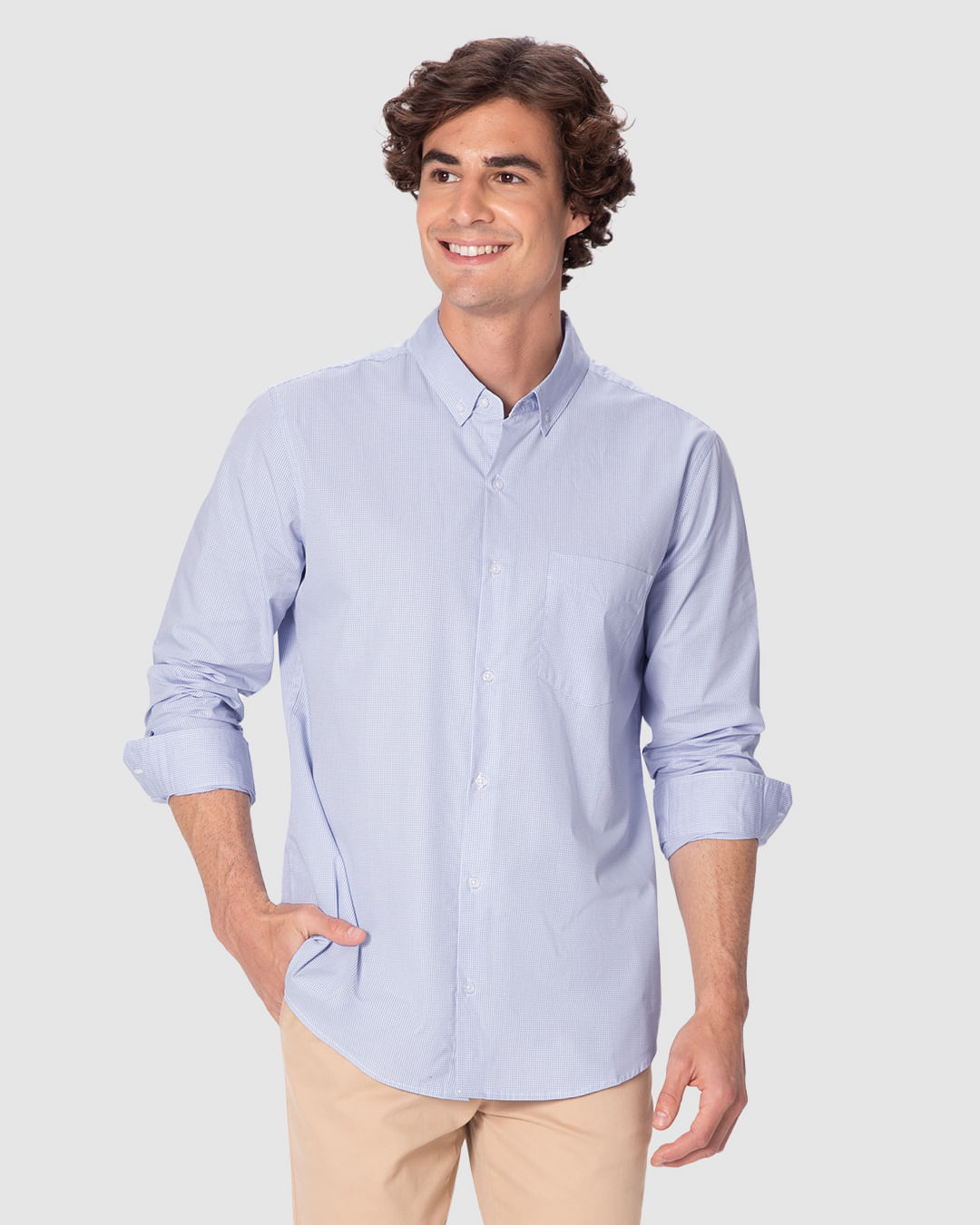 Camisa Masculina Slim Manga Longa Detalhe Bolso Funcional em Tecido Algodão