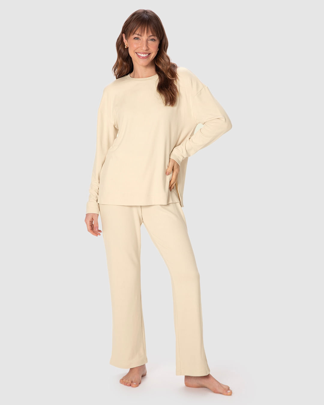 Pijama Longo Feminino Blusa Fenda Lateral Em Tricô