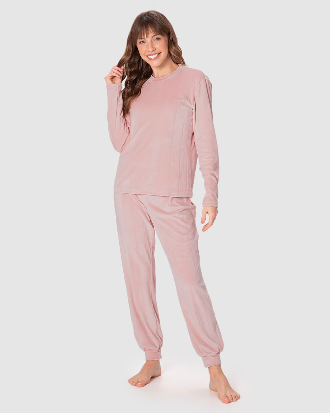 Pijama Longo Feminino Blusa Manga Longa E Calça Em Fleece Texturizado