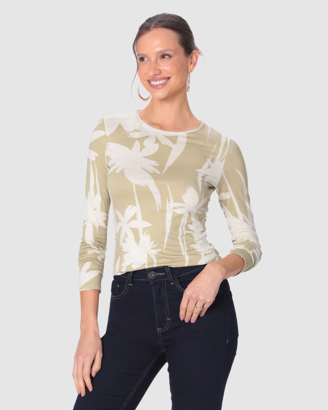 Blusa Feminina Justa Manga Longa Estampada Em Malha Viscolinho Stretch