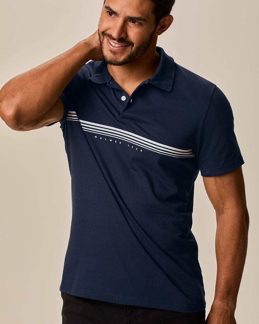 Camisa Polo Masculina Slim Estampa Listrada Discreta Frontal Em Algodão