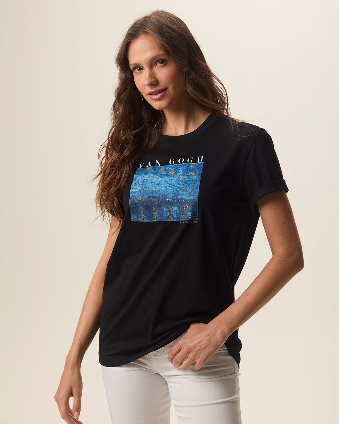 Camiseta Feminina Alongada Especial Van Gogh A Noite Estrelada Em Algodão