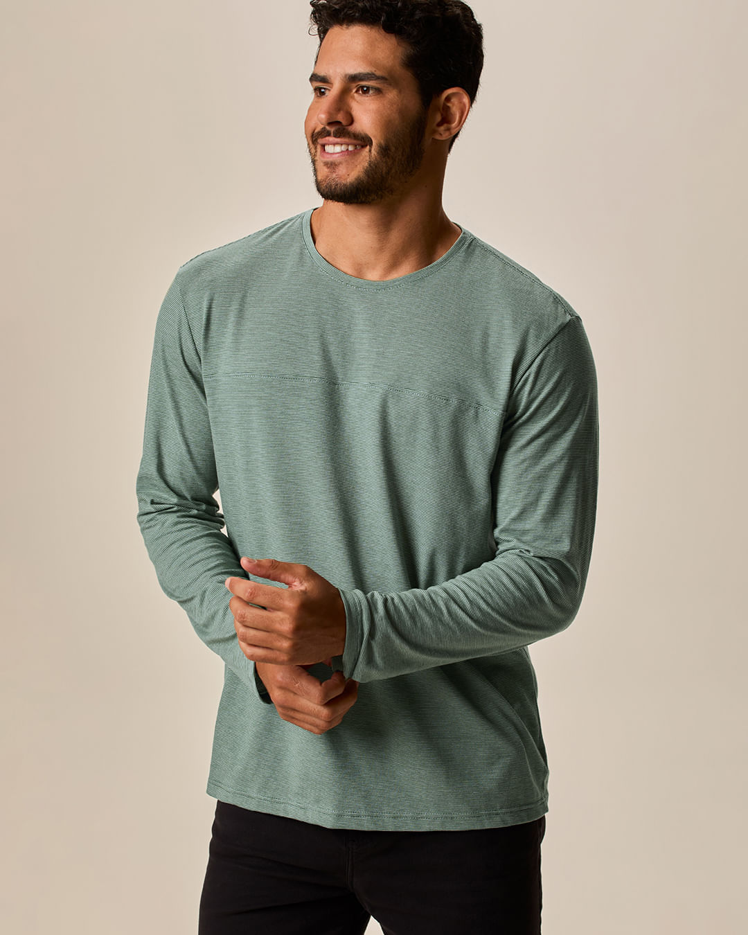 Camiseta Masculina Decote Redondo Manga Longa Em Malha Fio A Fio - Verde - GG