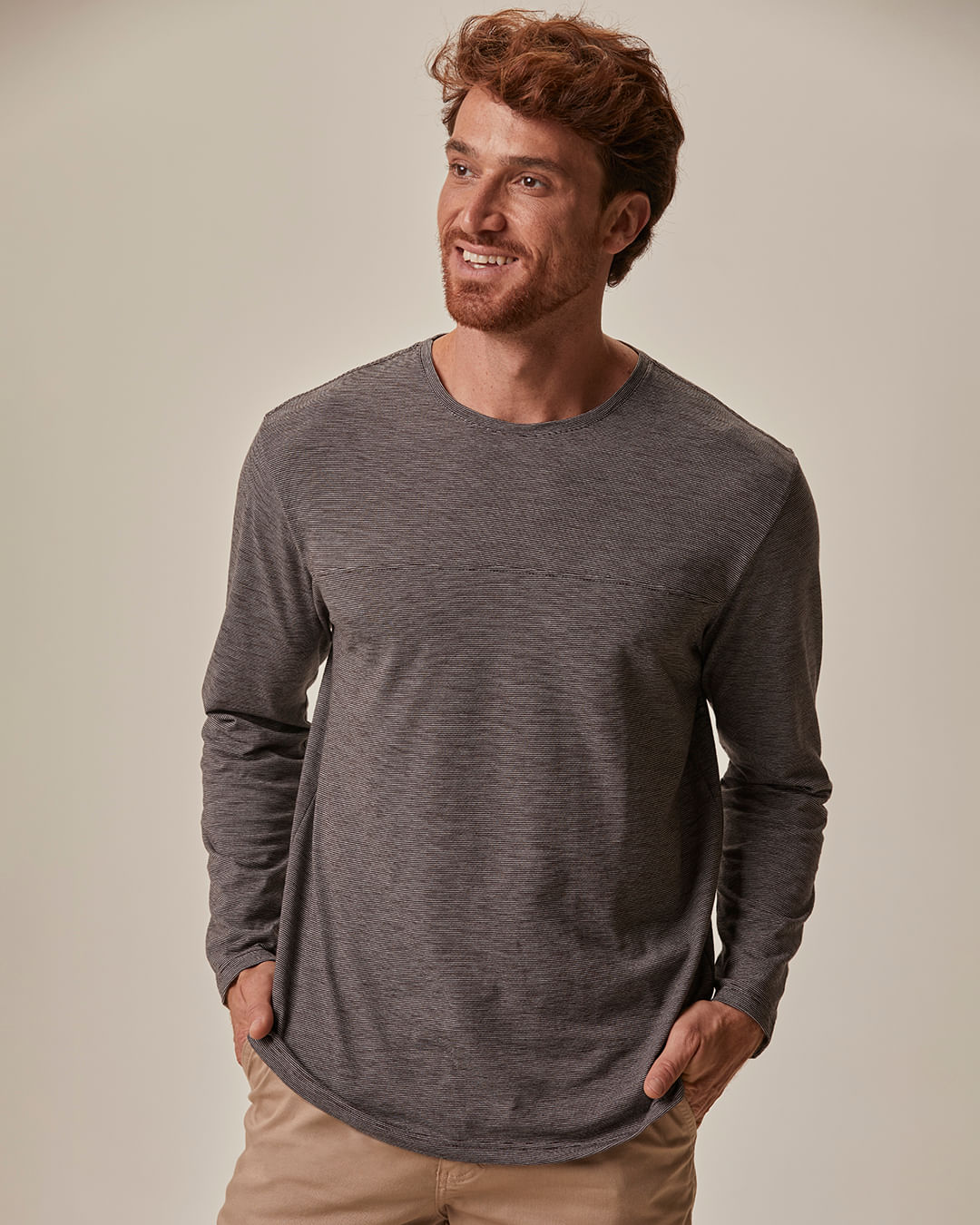 Camiseta Masculina Decote Redondo Manga Longa Em Malha Fio A Fio - Marrom - G