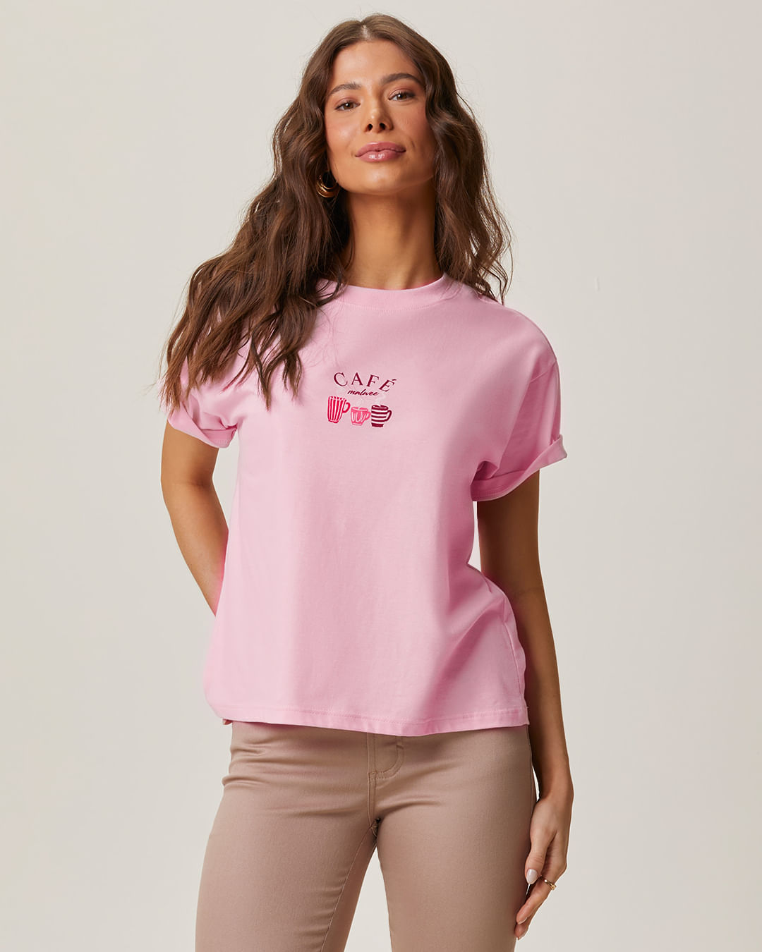 Camiseta Feminina Estampa Café Frente E Costas Em Algodão