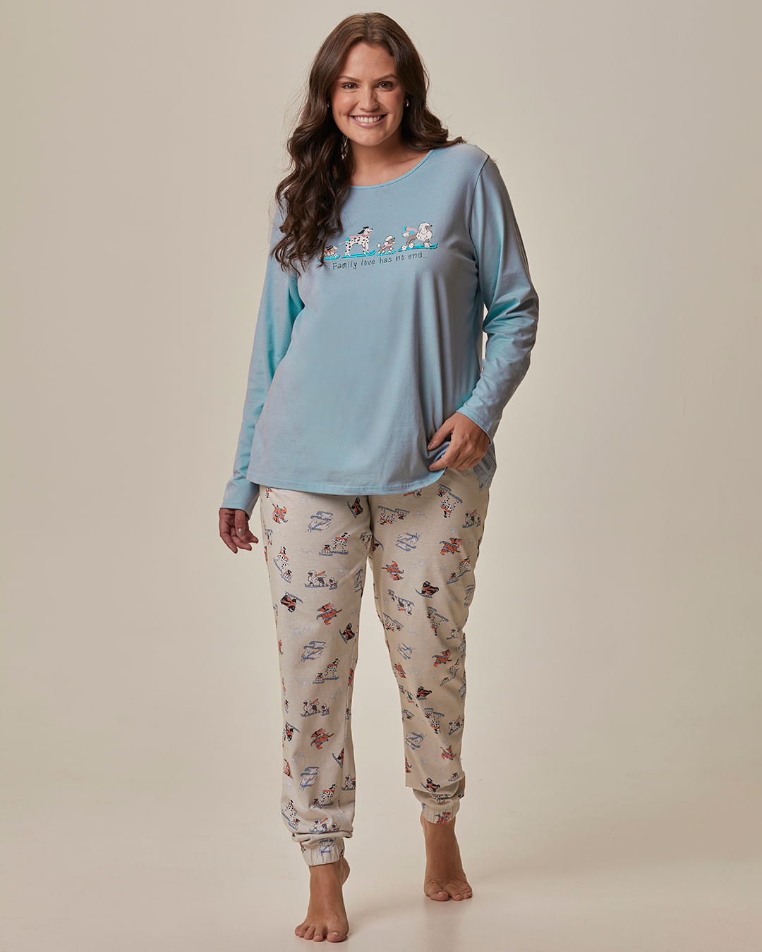 Pijama Longo Feminino Plus Size Family Love Has No End Em Malha Algodão