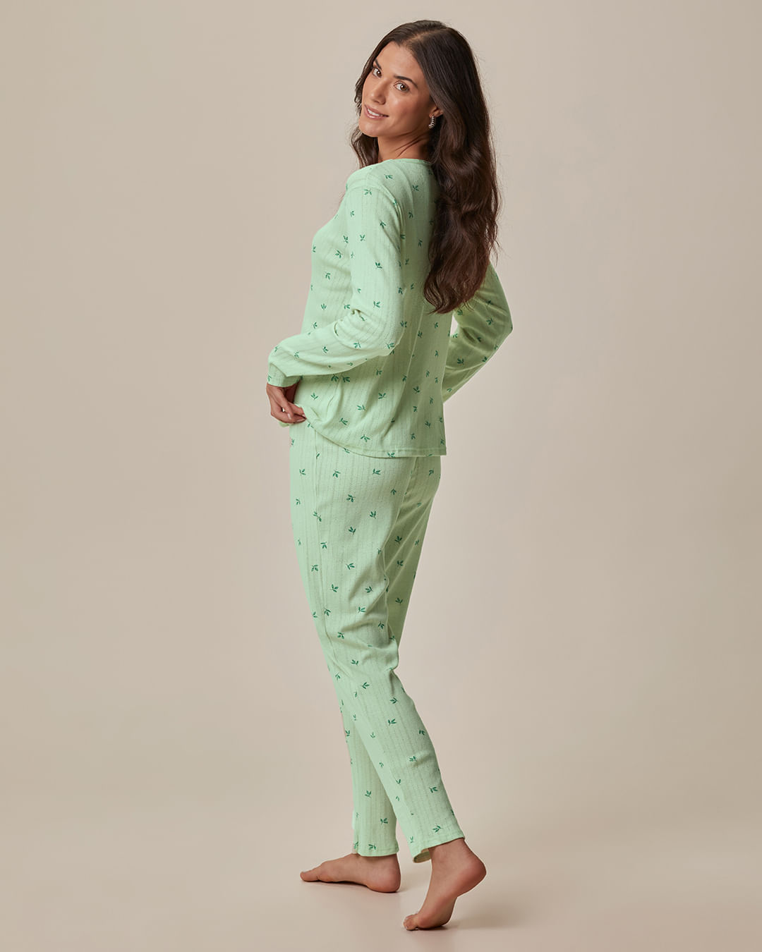 Pijama Longo Feminino Estampado Em Malha Jacquard Texturizada