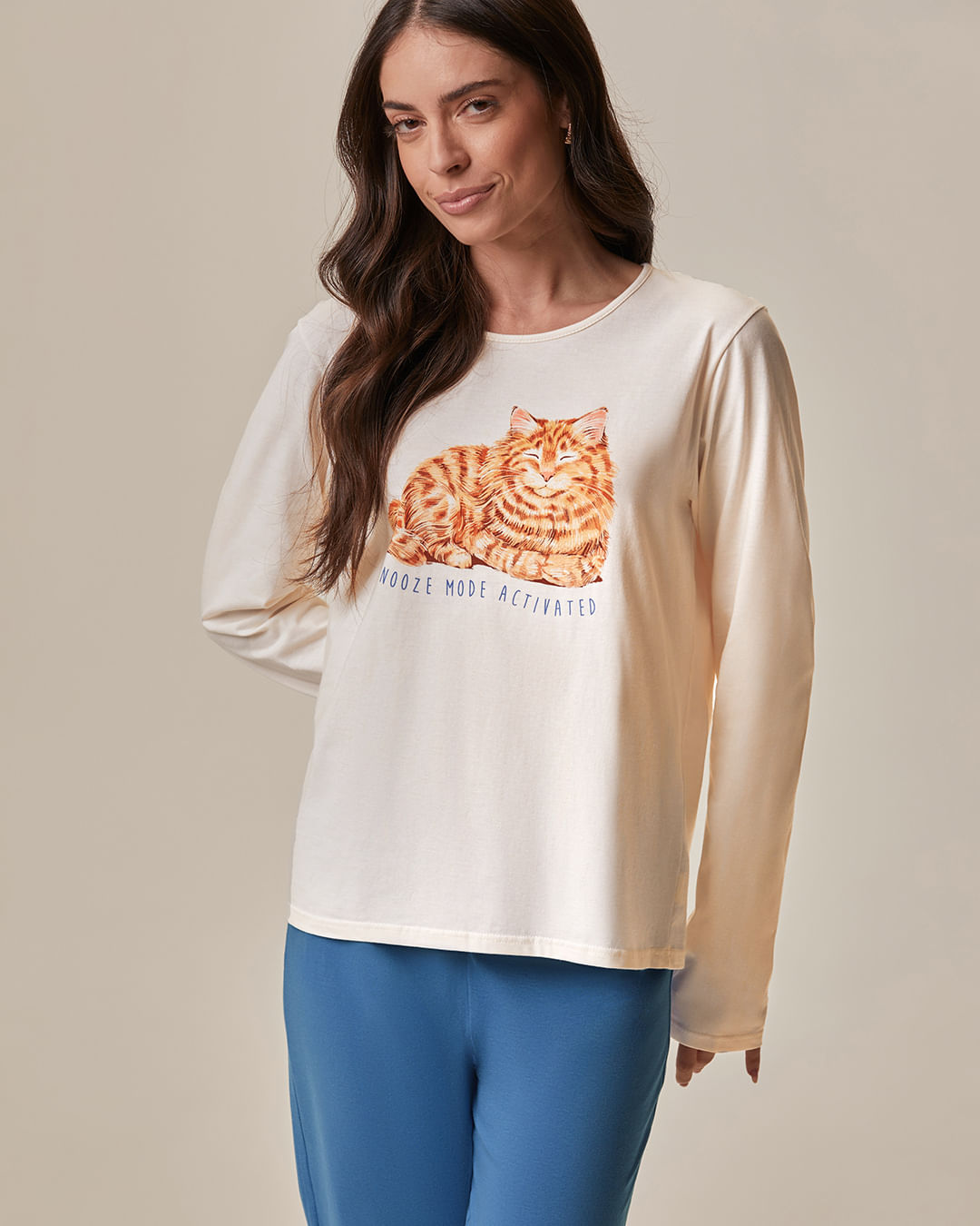 Pijama Longo Feminino Blusa Snooze Mode Activated Em Malha 100% Algodão