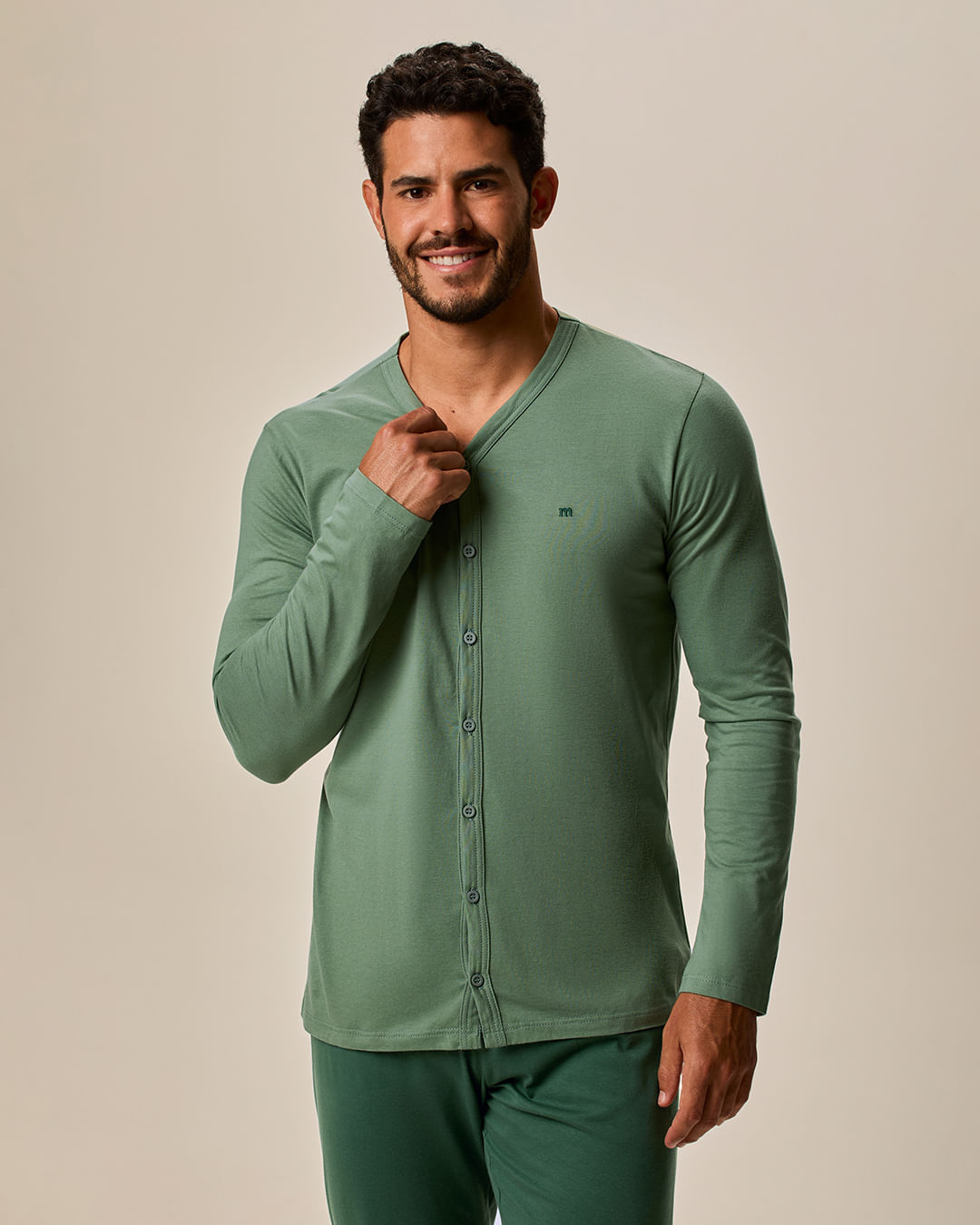 Pijama Longo Masculino Camisa Abotoamento Frontal Em Malha 100% Algodão