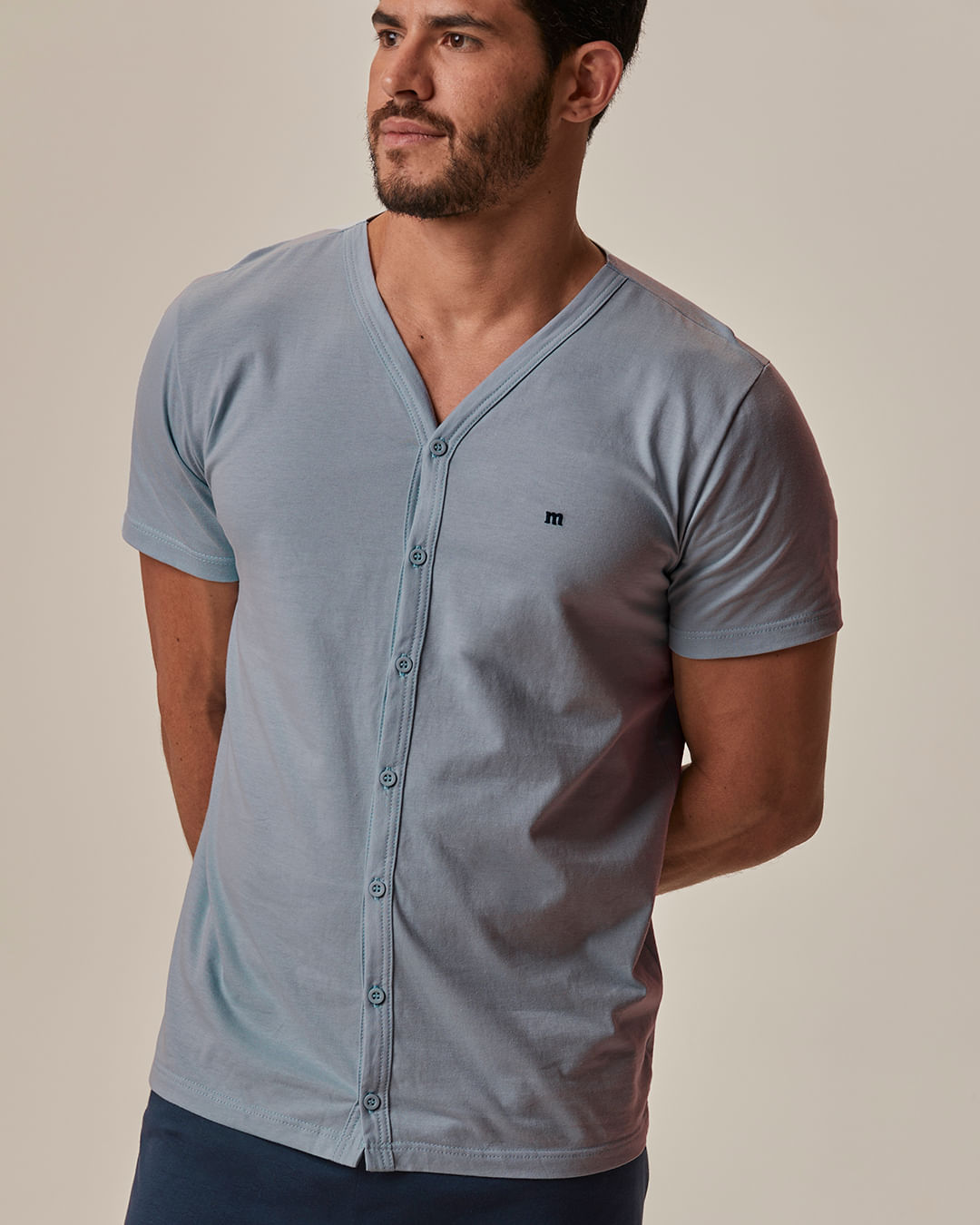 Pijama Curto Masculino Camiseta Abotoamento Frontal Em Malha 100% Algodão