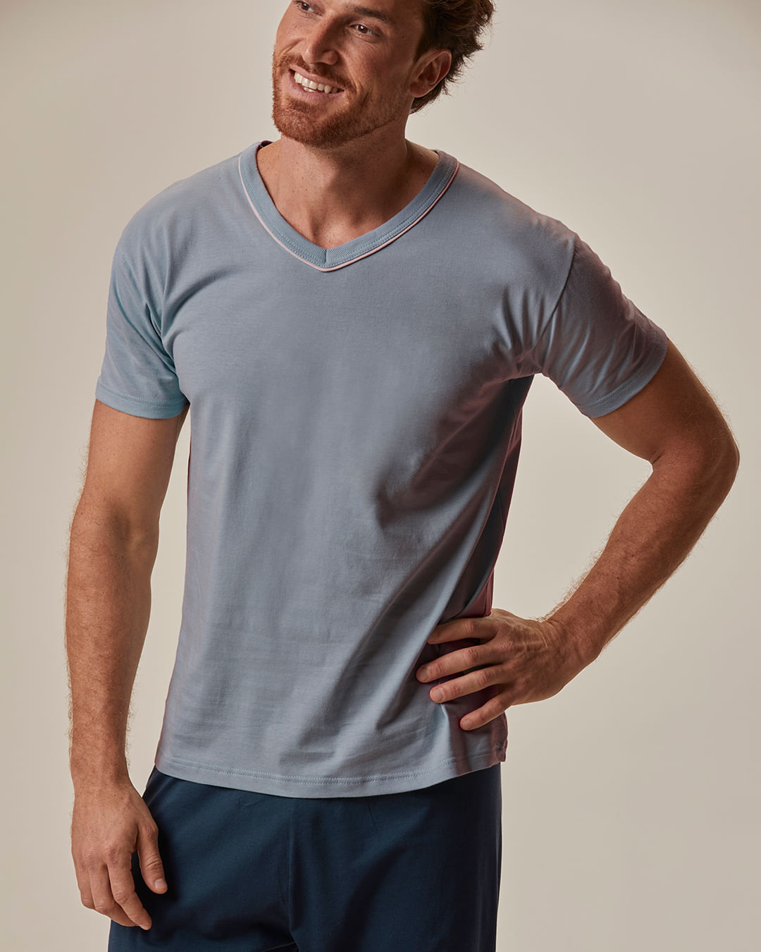 Pijama Longo Masculino Camiseta Decote V E Calça Em Malha 100% Algodão