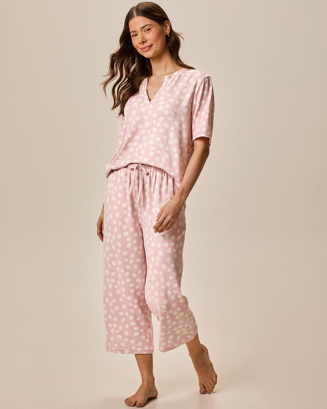 Pijama Longo Feminino Blusa E Calça Capri Bolso Faca Em Tricô