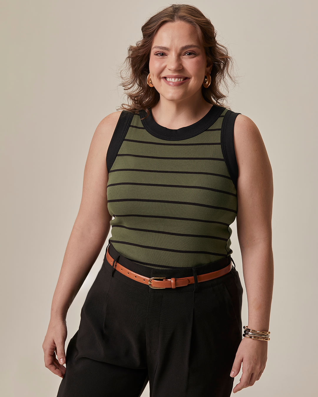 Regata Feminina Plus Size Justa Costura Contraste Em Ribana Listrada