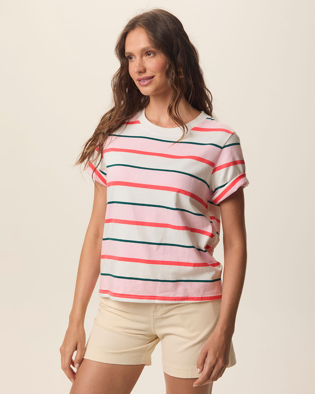 Camiseta Feminina Reta Manga Curta Em Malha Listrada