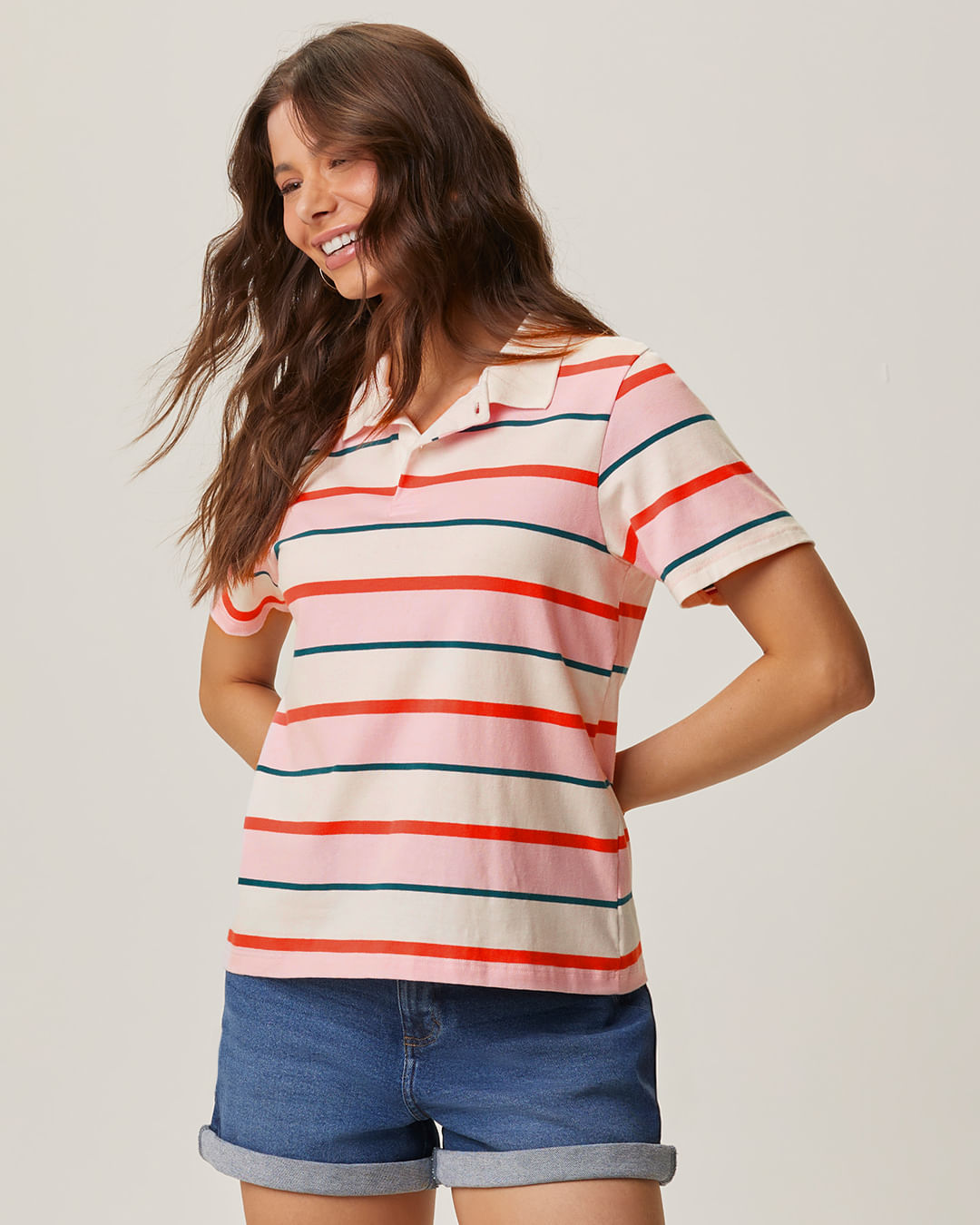 Blusa Polo Feminina Manga Curta Peitilho Frontal Em Algodão Listrado
