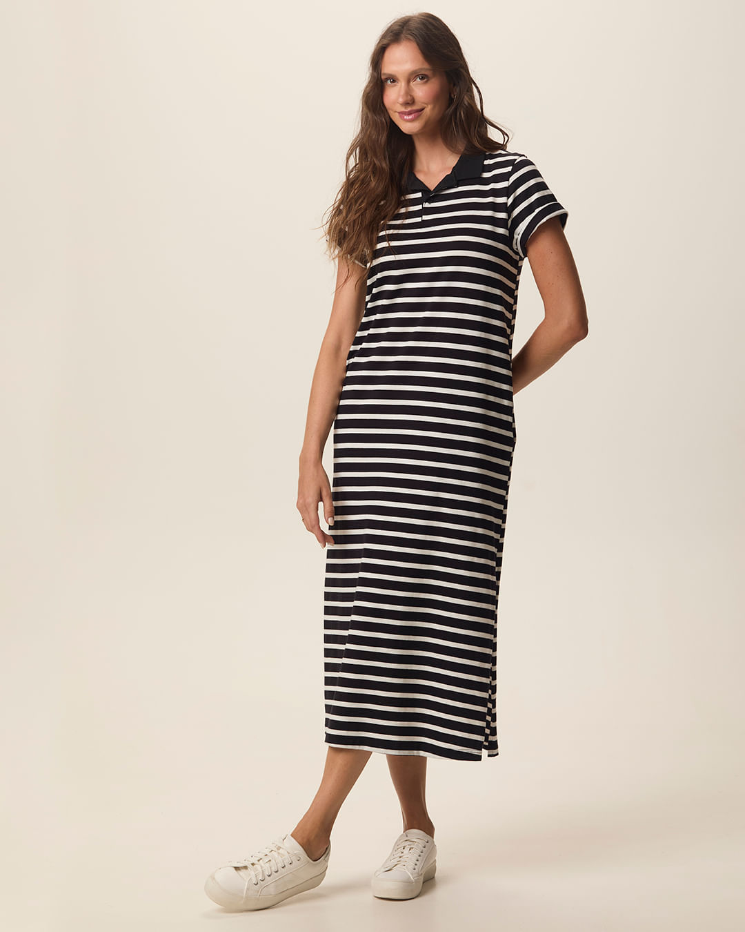 Vestido Polo Midi Feminino Bolso Funcional Fenda Lateral em Algodão Listrado