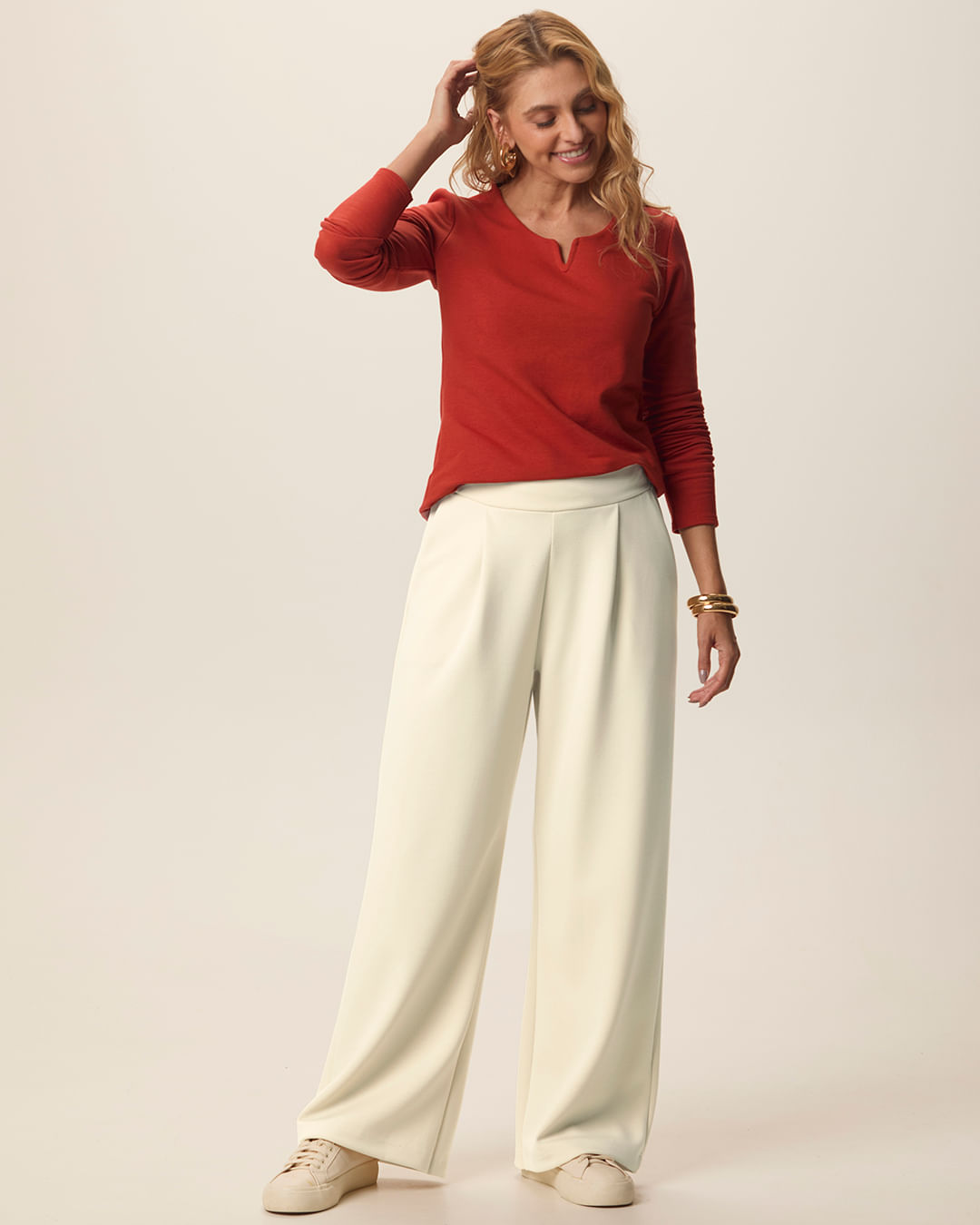 Calça Feminina Reta Cós Elástico Bolso Faca em Malha Suedine Premium