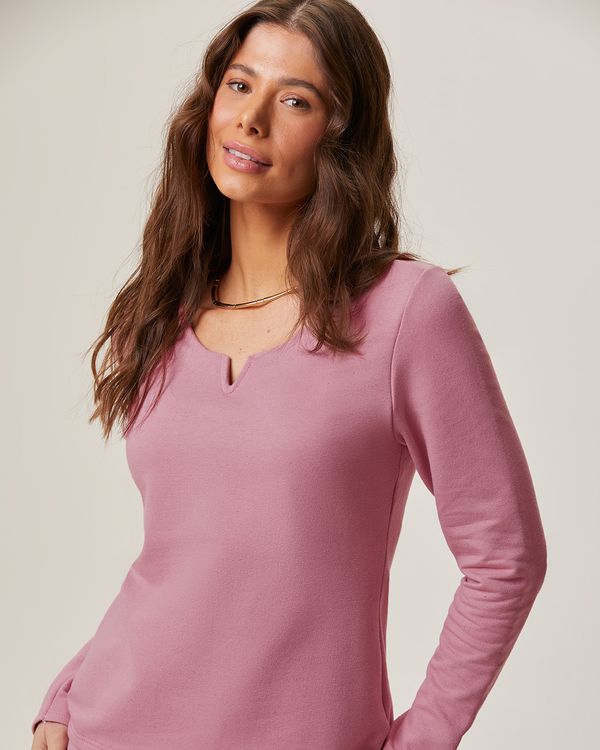Blusa Feminina Decote Duplo V Manga Longa Em Moletom Linho Rosa - GG