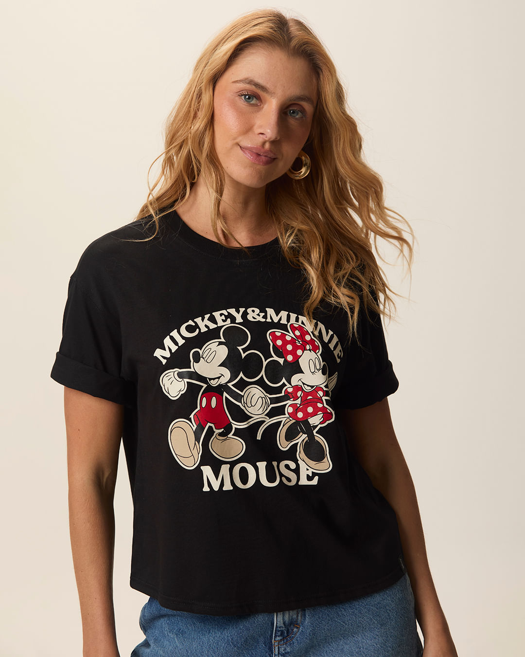 Camiseta Feminina Box Estampa Especial Mickey & Minnie Mouse Em Algodão