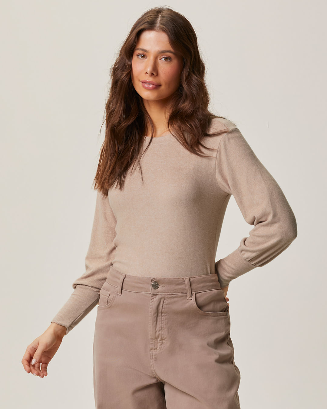Blusa Feminina Básica Manga Longa Detalhe Punho Em Malha Térmica