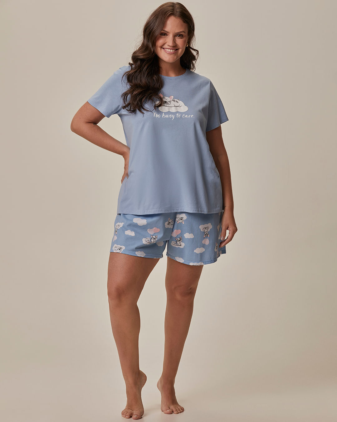 Pijama Curto Feminino Plus Size To Busy To Care Em Malha Algodão