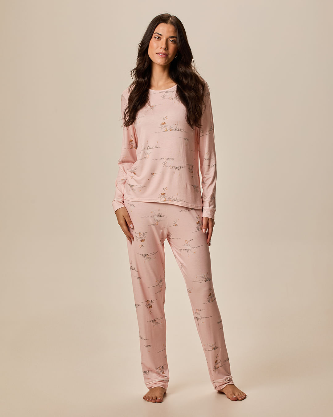 Pijama Longo Feminino Estampa Animal Calça Reta Em Viscose Stretch